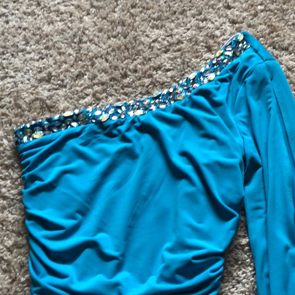 Turquoise one shoulder embellished bodycon dress